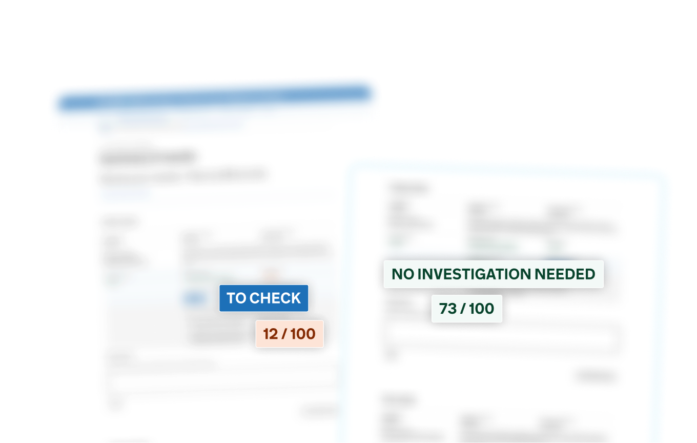 Results screen with TO CHECK and NO INVESTIGATION NEEDED labels and match scores 12/100 and 73/100